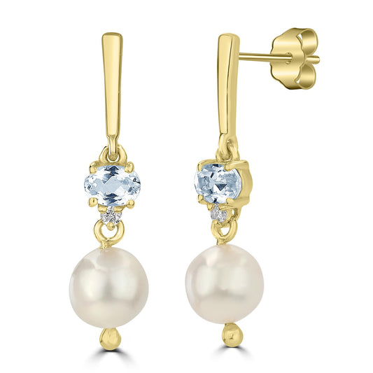 14K Gold over Sterling Silver Freshwater Pearl, Blue Topaz and Diamond Gemstone Dangle Earrings
