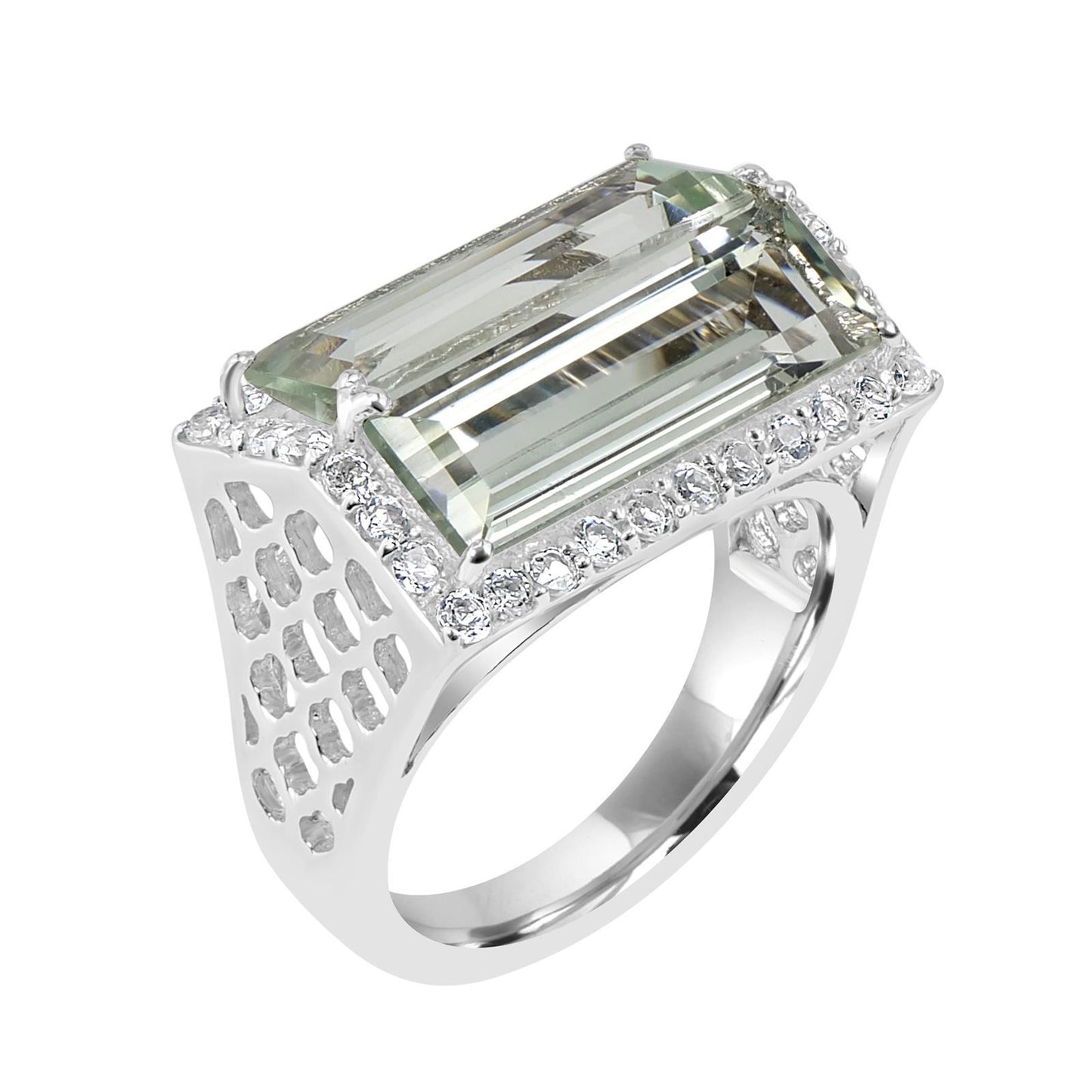 Sterling Silver Emerald Cut Green Amethyst & White Topaz Women Ring (5.56 Ct)