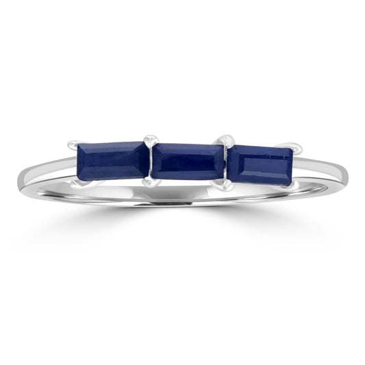 Heidi Sterling Silver Blue Sapphire Gemstone Stackable 3-Stone Baguette Ring, Sizes 6 to 8