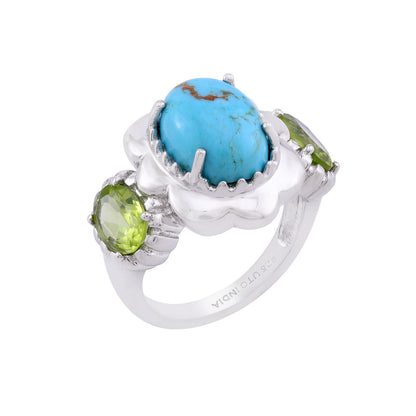 Sterling Silver Kingman Turquoise and Arizona Peridot Floral Framed Ring, Sizes