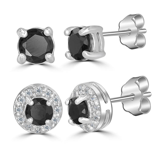 Sterling Silver Black Onyx and Cubic Zirconia Stud Earring Set