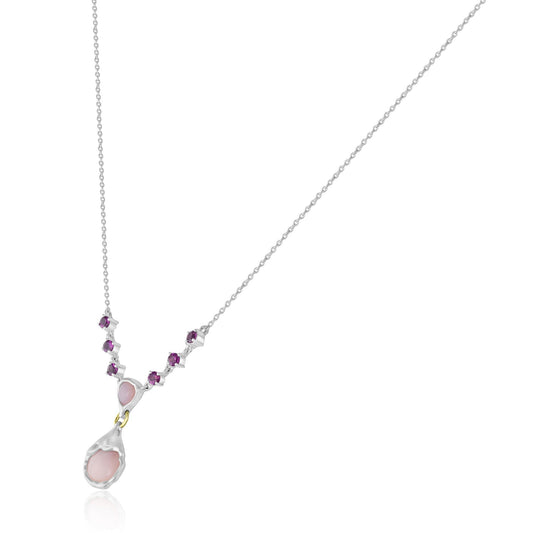 Sterling Silver Pink Opal and Rhodolite Gemstone Drop Necklace