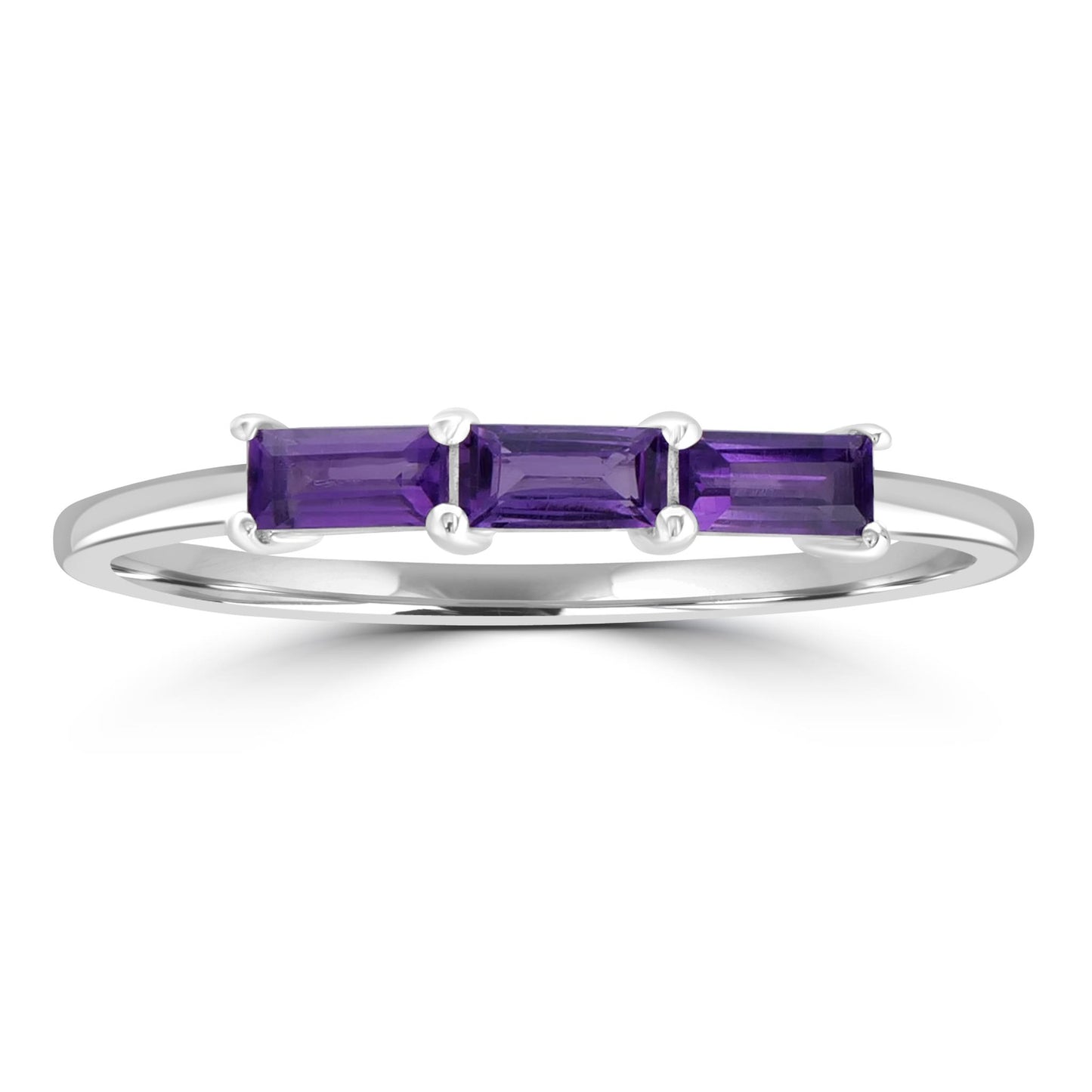 Heidi Sterling Silver Amethyst Gemstone Stackable 3-Stone Baguette Ring, Sizes 6 to 8