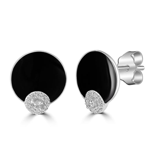 Judy Crowell Jewelry Sterling Silver Black Enamel Cubic Zirconia Stud Earrings