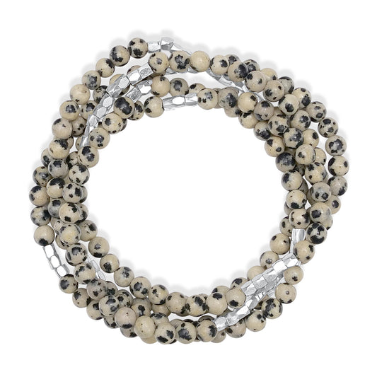 Silver-Plated Brass Dalmatian Jasper Gemstone Beaded Wrap Bracelet or Necklace, 35 Inches