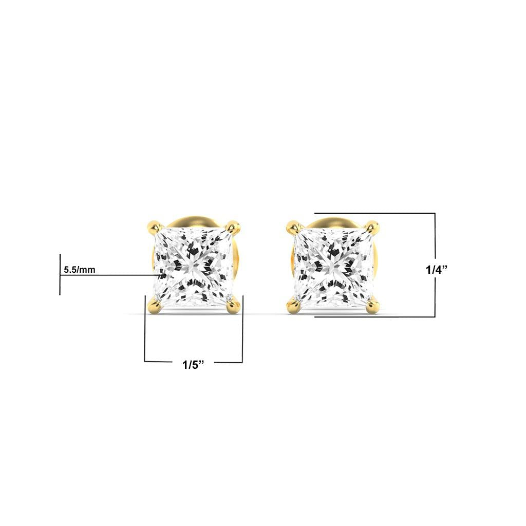 14K Gold 2.0 CTTW Lab Grown Diamond Princess Cut Stud Earrings