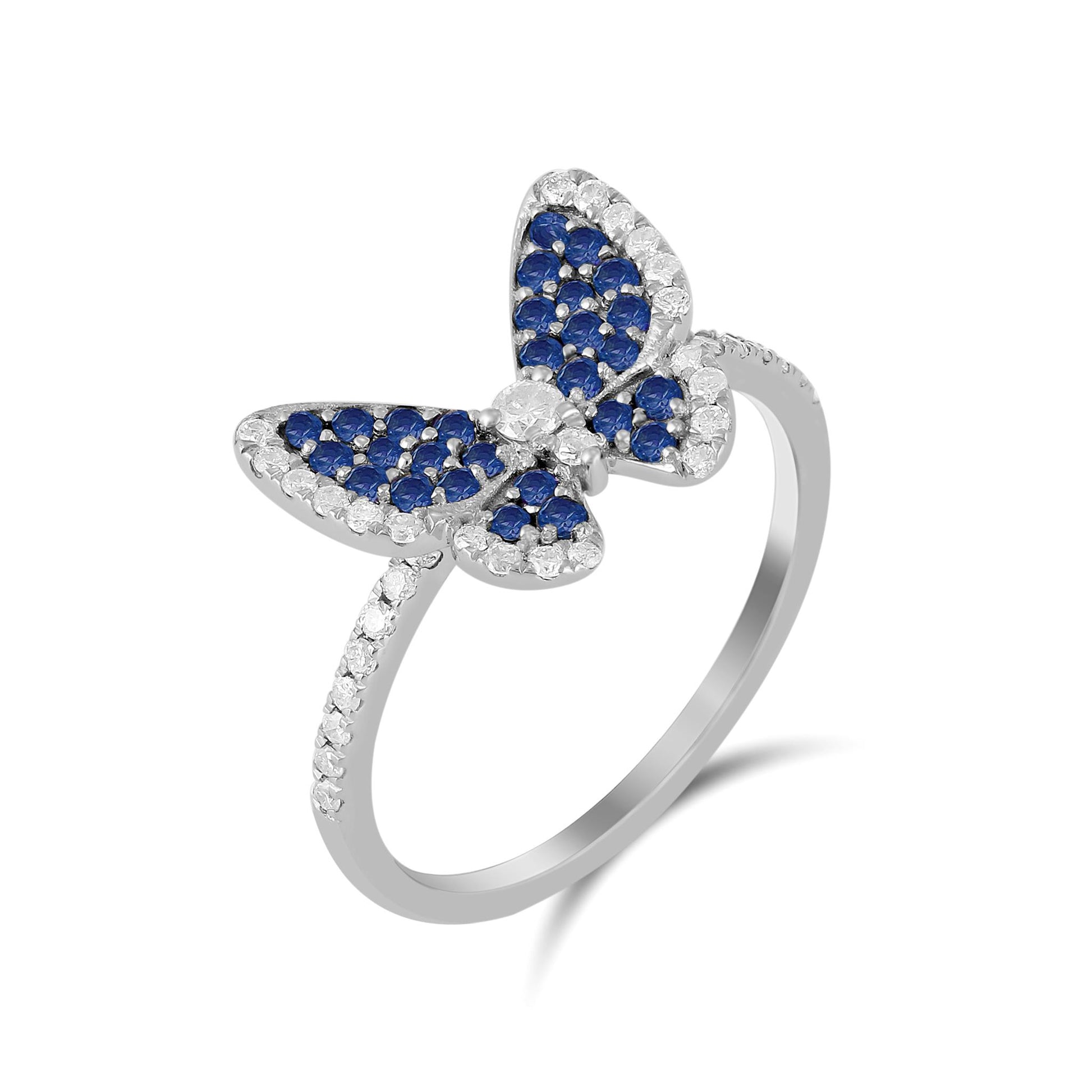 14K White Gold Sapphire and White Topaz Butterfly Ring