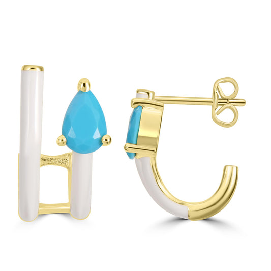 Bob Mackie Jewelry 14K Gold Over Brass Turquoise Pear-Shaped Cubic Zirconia Double Row White Enamel Hoop Earrings