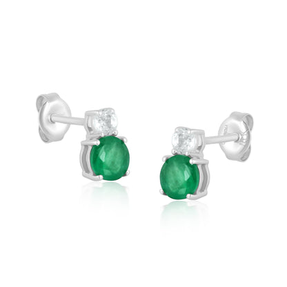 14K White Gold Round Emerald and White Topaz Stud Earrings