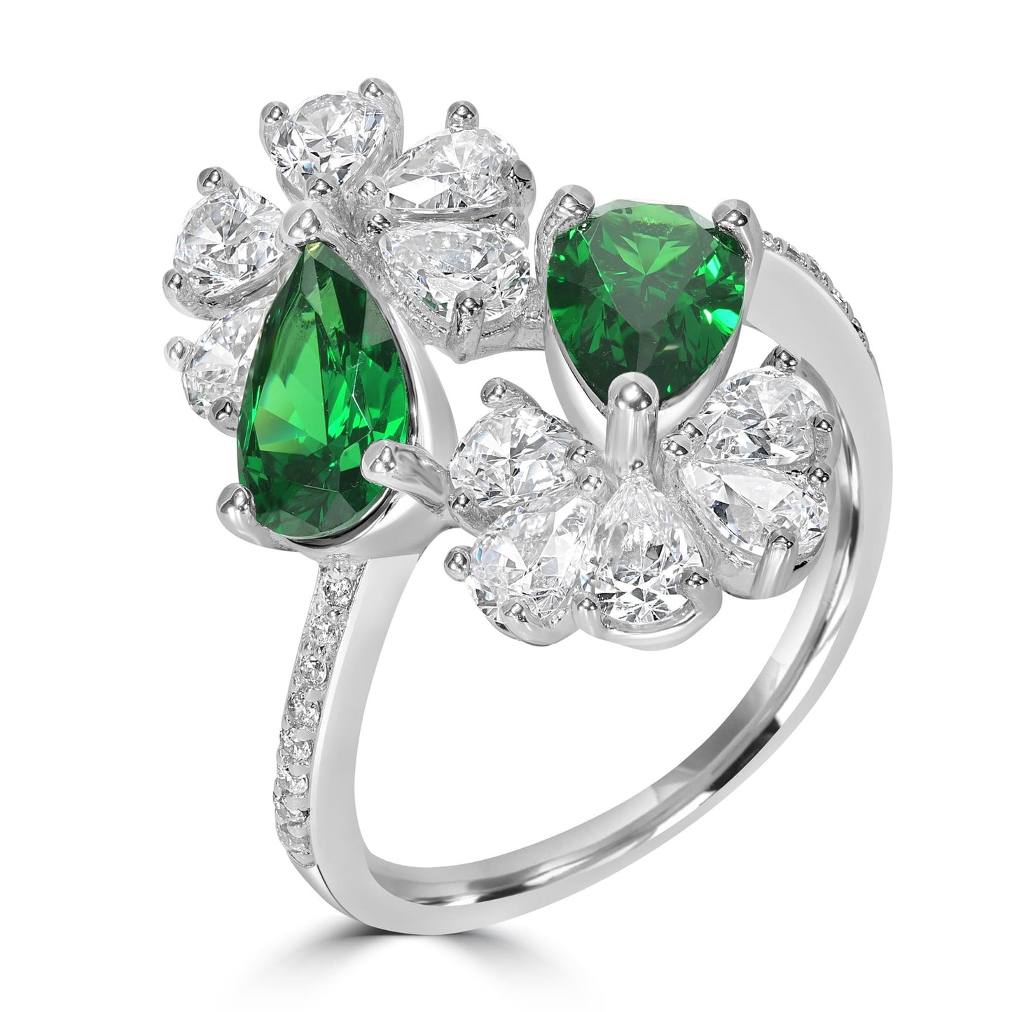 Kathy Levine Sterling Silver White and Emerald Cubic Zirconia Double Flower Pear and Round Bypass Ring