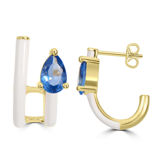 Bob Mackie Jewelry 14K Gold Over Brass London Blue Pear-Shaped Cubic Zirconia Double Row White Enamel Hoop Earrings