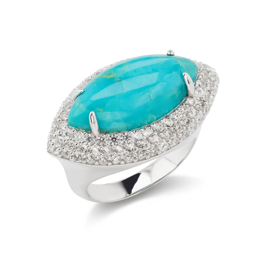 GG Collection Sterling Silver Kingman Turquoise and Zircon Marquise and Pave Ring, Sizes 6 and 8