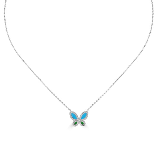 Bob Mackie Jewelry Silver-Plated Brass Turquoise, Green and White Cubic Zirconia Butterfly Pendant Necklace, 16-18 Inches