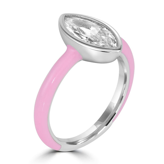 Bob Mackie Silver Over Brass Pink Enamel Marquise Cut White Cubic Zirconia Ring, Sizes 6 to 8