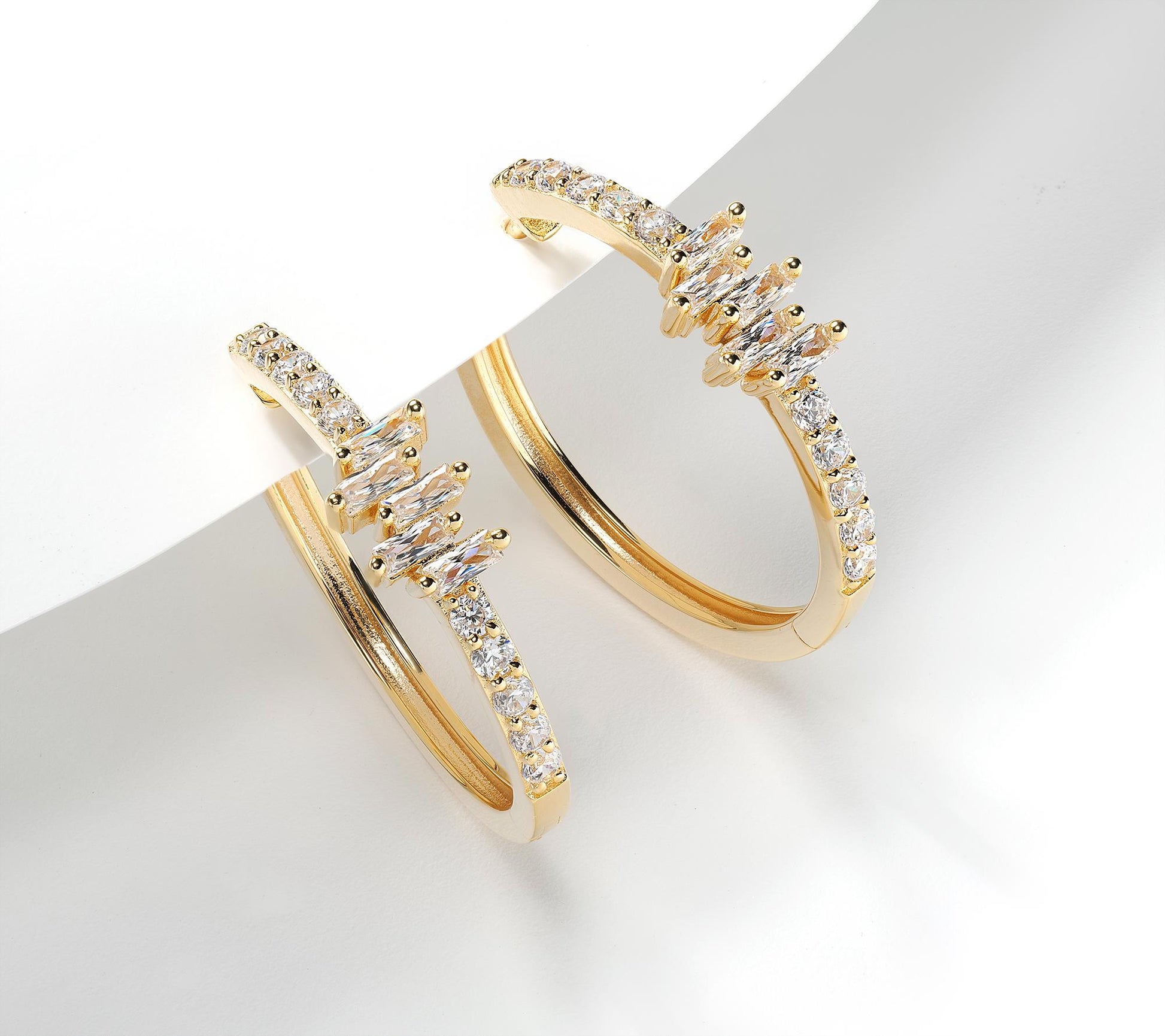 Kathy Levine 14K Gold-Plated Sterling Silver Cubic Zirconia Icicles Baguette 1-Inch Hoop Earrings