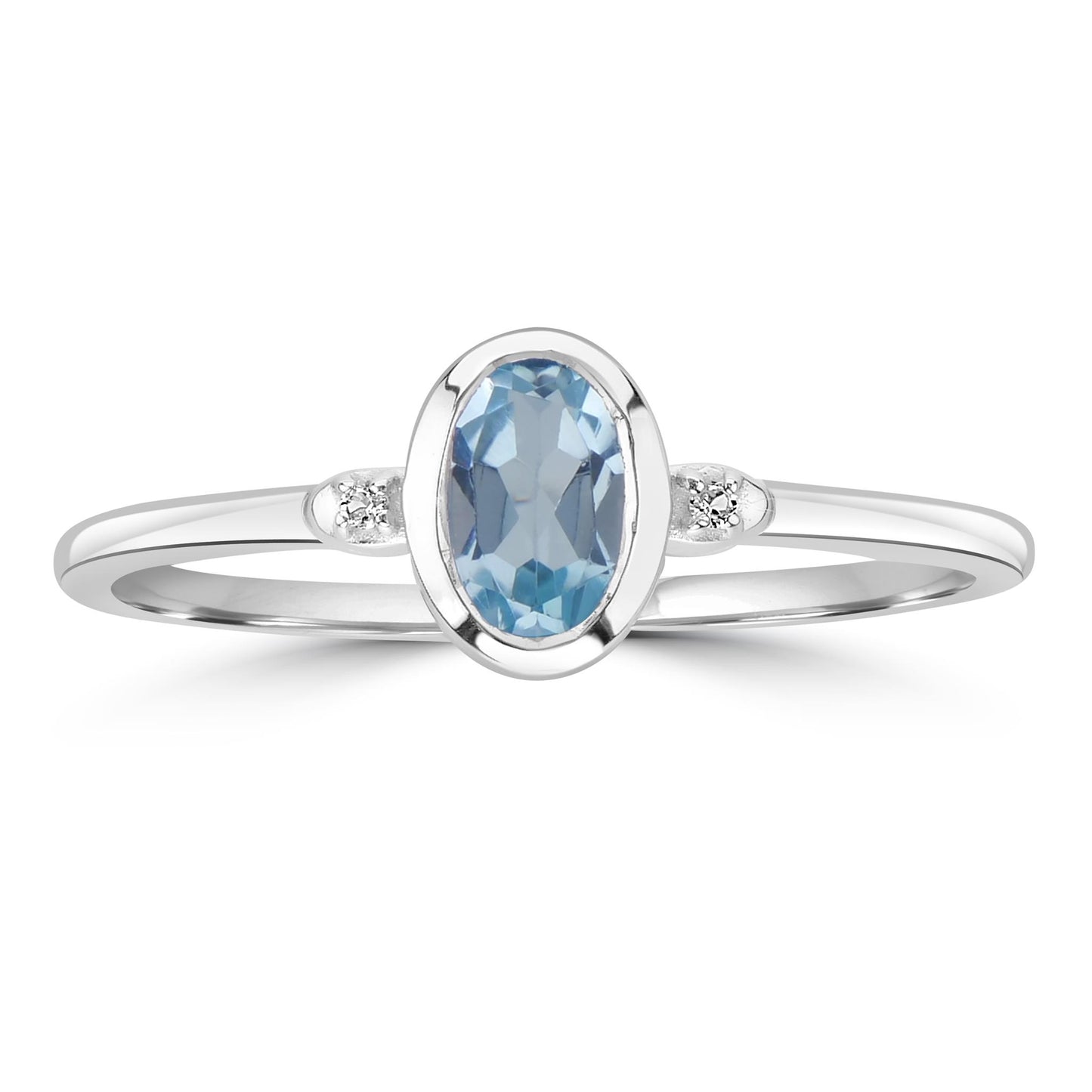 Kate Sterling Silver Aquamarine and White Topaz Stackable Oval Ring, Sizes 6 to 8