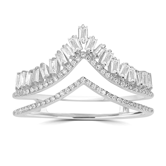 14K White Gold Round and Baguette-Cut Diamond Crown Ring, .48 Carats, Sizes 6 to 8