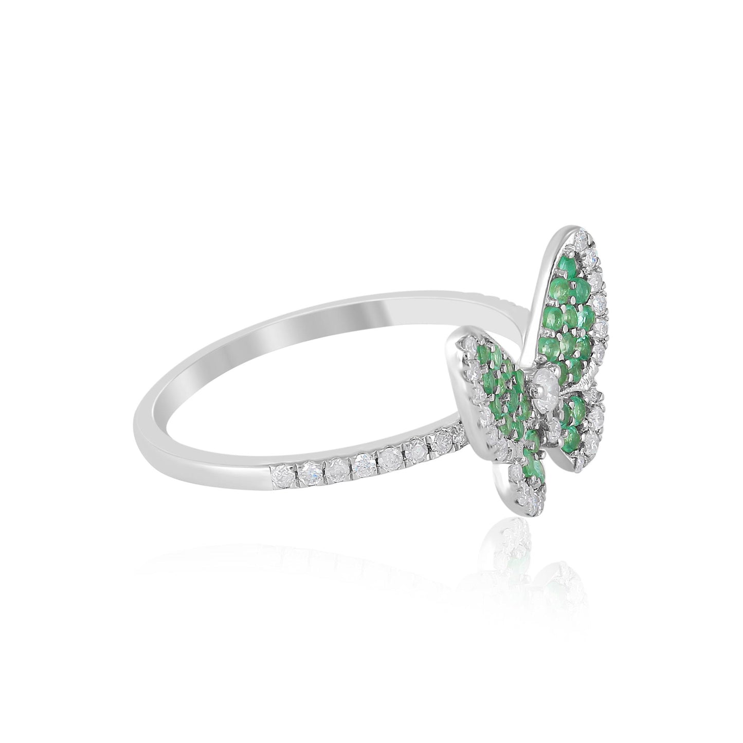 14K White Gold Emerald and White Topaz Butterfly Ring