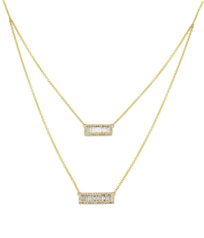 14K Gold White Diamond Baguette Multi-Strand Bar Necklace, 15 to 18 Inches