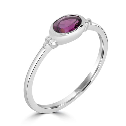 East-West Sterling Silver Rhodolite Gemstone Stackable Solitaire Bezel Ring, Sizes 6 to 8