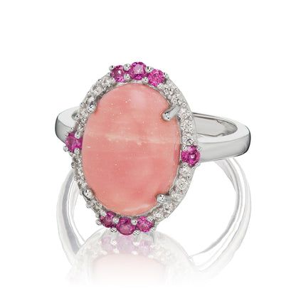 GG Collection Sterling Silver Pink Opal, Rhodolite and Zircon Oval Design Ring, Sizes 6 to 10