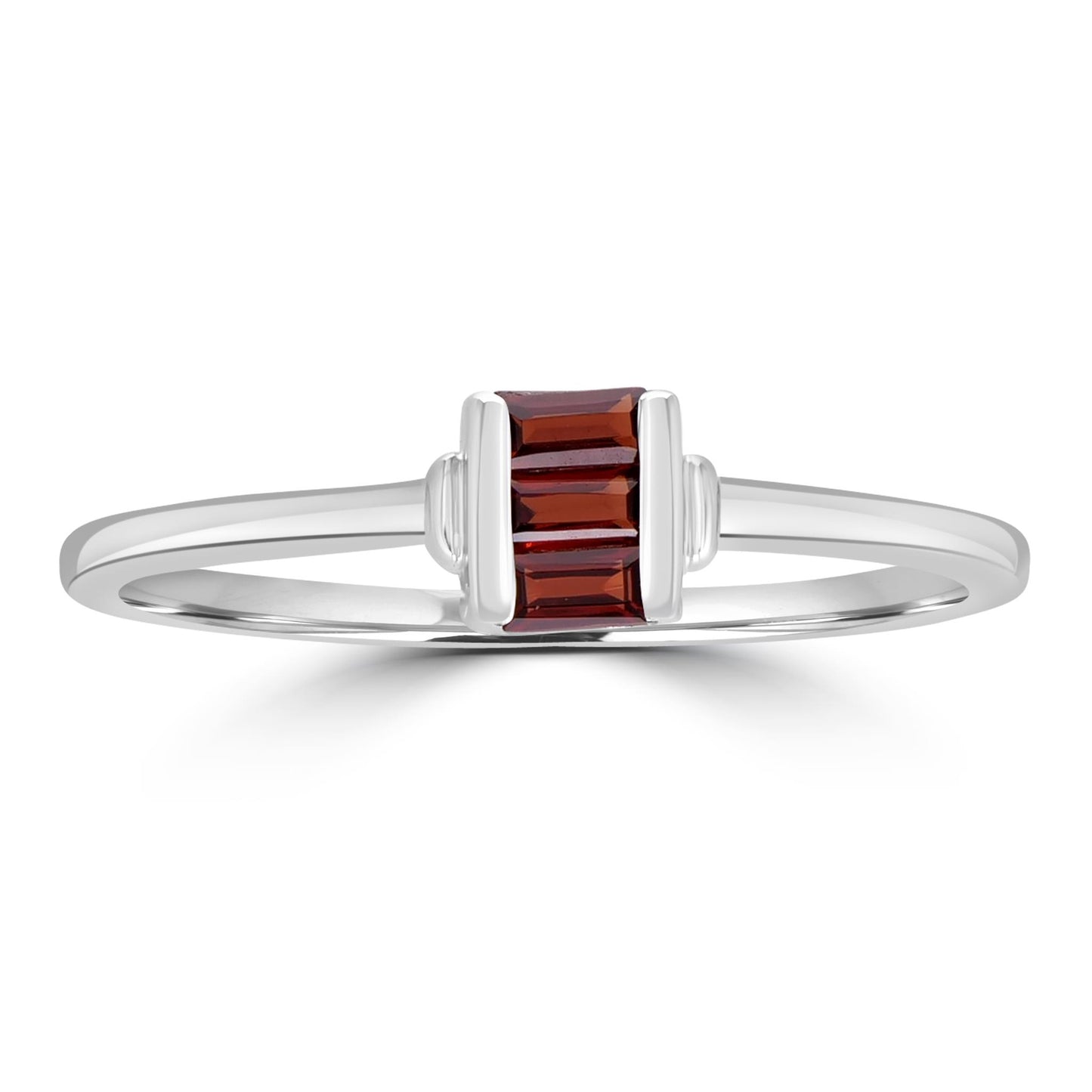 Ava Sterling Silver Garnet Gemstone Stackable 3-Stone Baguette Ring, Sizes 6 to 8