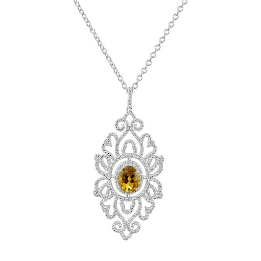 Gemistry Diamond & Hessonite Estate Style Necklace in Sterling Silver(1/3 Ct Diamonds, 3.00 Ct Hessonite) 18" Chain