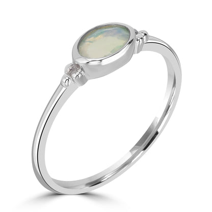 East-West Sterling Silver Opal Gemstone Stackable Solitaire Bezel Ring, Sizes 6 to 8