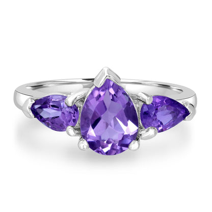 Sterling Silver Amethyst 3-Stone Pear-Cut Ring, Sizes 7 to 9