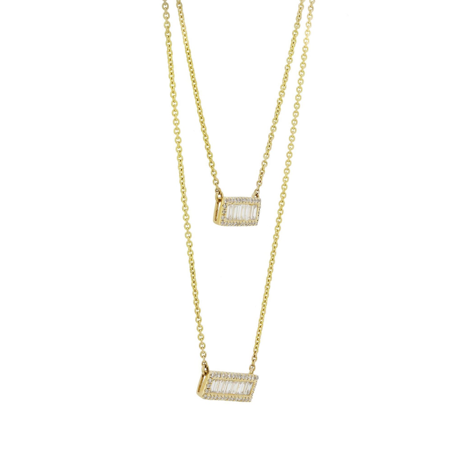 14K Gold White Diamond Baguette Multi-Strand Bar Necklace, 15 to 18 Inches