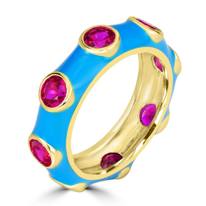 Bob Mackie Gold Over Brass Turquoise Enamel Red Cubic Zirconia Band Ring, Sizes 6 to 8