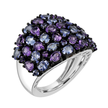 Sterling Silver Oval & Round Tanzanite & Amethyst Gemstone Women's Ring (6.11 Ct)