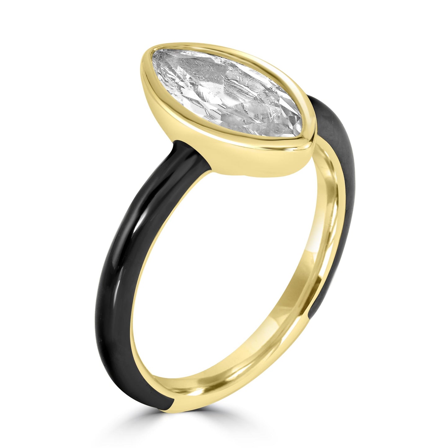 Bob Mackie Gold Over Brass Black Enamel Marquise Cut White Cubic Zirconia Ring, Sizes 6 to 8