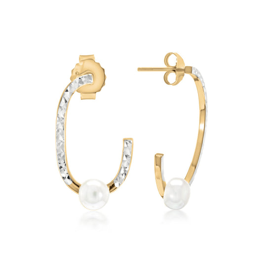 Judy Crowell Jewelry 14K Gold Over Sterling Silver Freshwater Pearl Diamond Cut Rectangle J Hoop Earrings