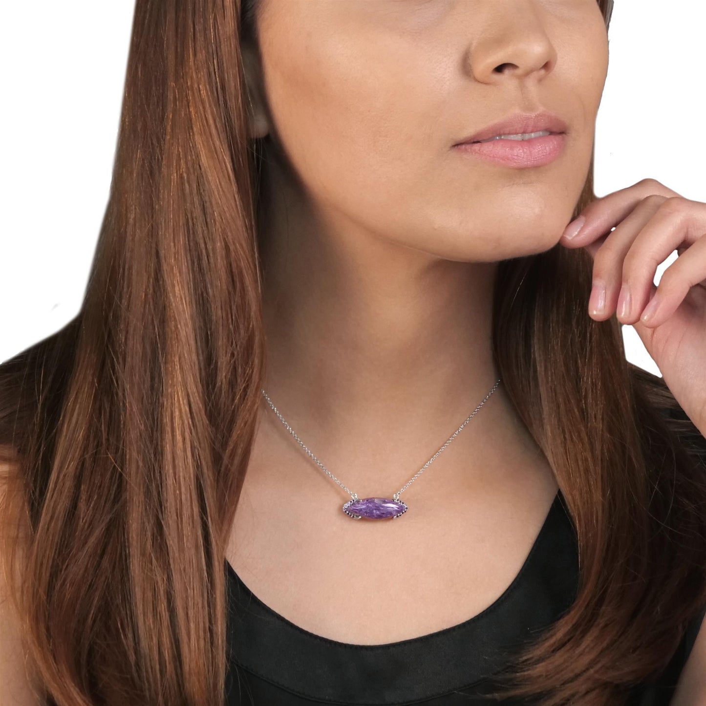 Gemistry Women & Girls Sterling Silver Bold Marquise Charoite Bar Pendant Necklace | Birthstone Jewelry Gift for Her Birthday | Wedding | Anniversary