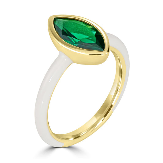 Bob Mackie Gold Over Brass White Enamel Marquise Cut Emerald Green Cubic Zirconia Ring, Sizes 6 to 8