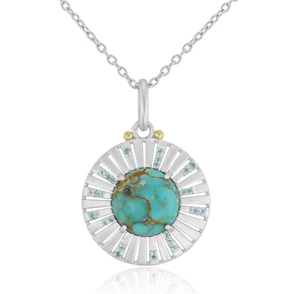 Gemistry Women & Girls Sterling Silver Sonoran Turquoise Cabochon and Swiss Blue Topaz Sunray Pendant Necklace | Birthstone Jewelry Gift for Her Birthday | Wedding | Anniversary