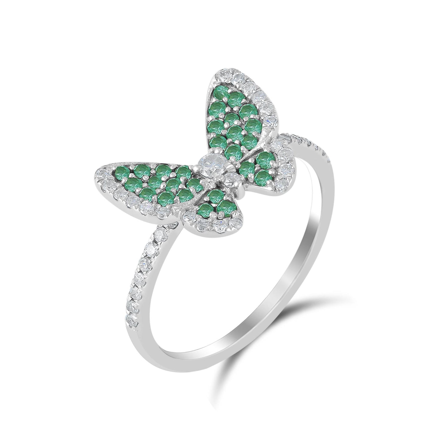 14K White Gold Emerald and White Topaz Butterfly Ring