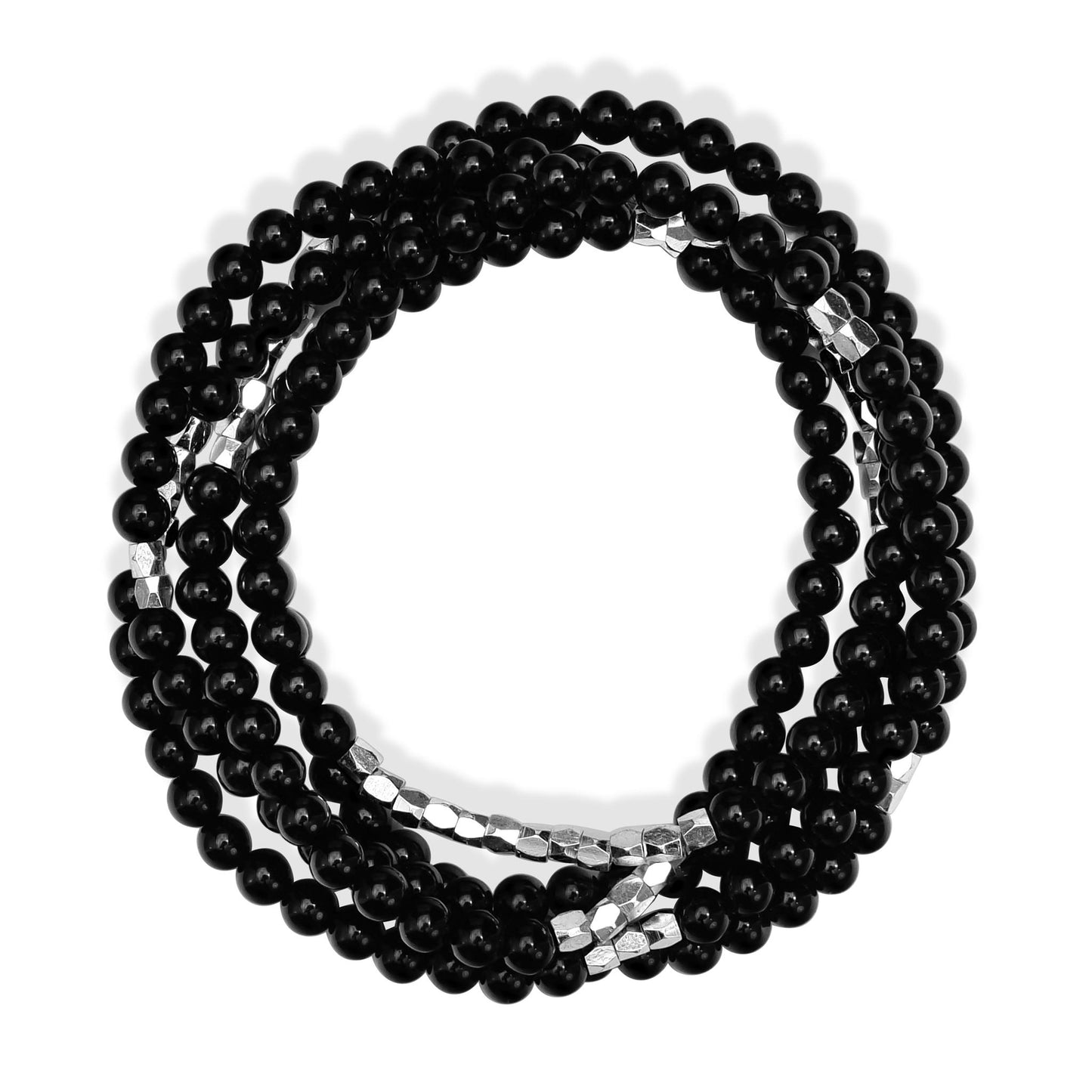 Silver-Plated Brass Black Onyx Beaded Wrap Bracelet or Necklace, 35 Inches