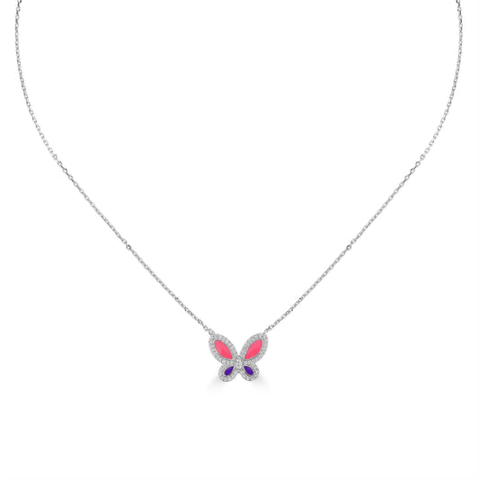 Bob Mackie Jewelry Silver-Plated Brass Pink, Purple and White Cubic Zirconia Butterfly Pendant Necklace, 16-18 Inches