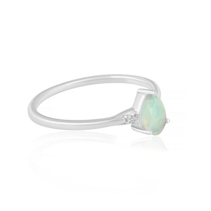 Dew Sterling Silver Ethiopian Opal and White Topaz Gemstone Stackable Pear Ring, Sizes 6 to 8