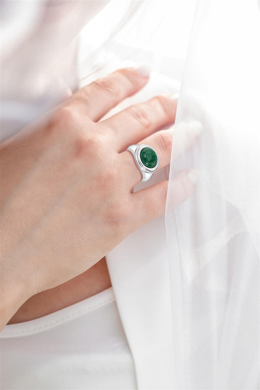 Sterling Silver Round Malachite Cabochon Ring