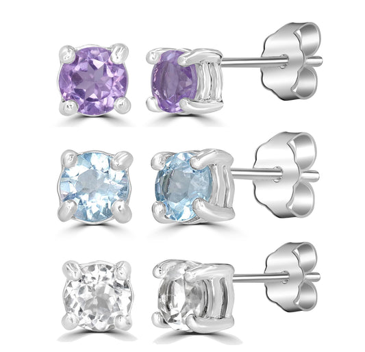 Sterling Silver Amethyst, Blue Topaz and White Topaz Stud Earring Set