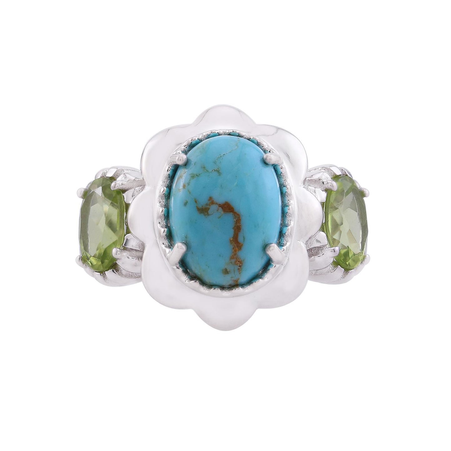 Sterling Silver Kingman Turquoise and Arizona Peridot Floral Framed Ring, Sizes