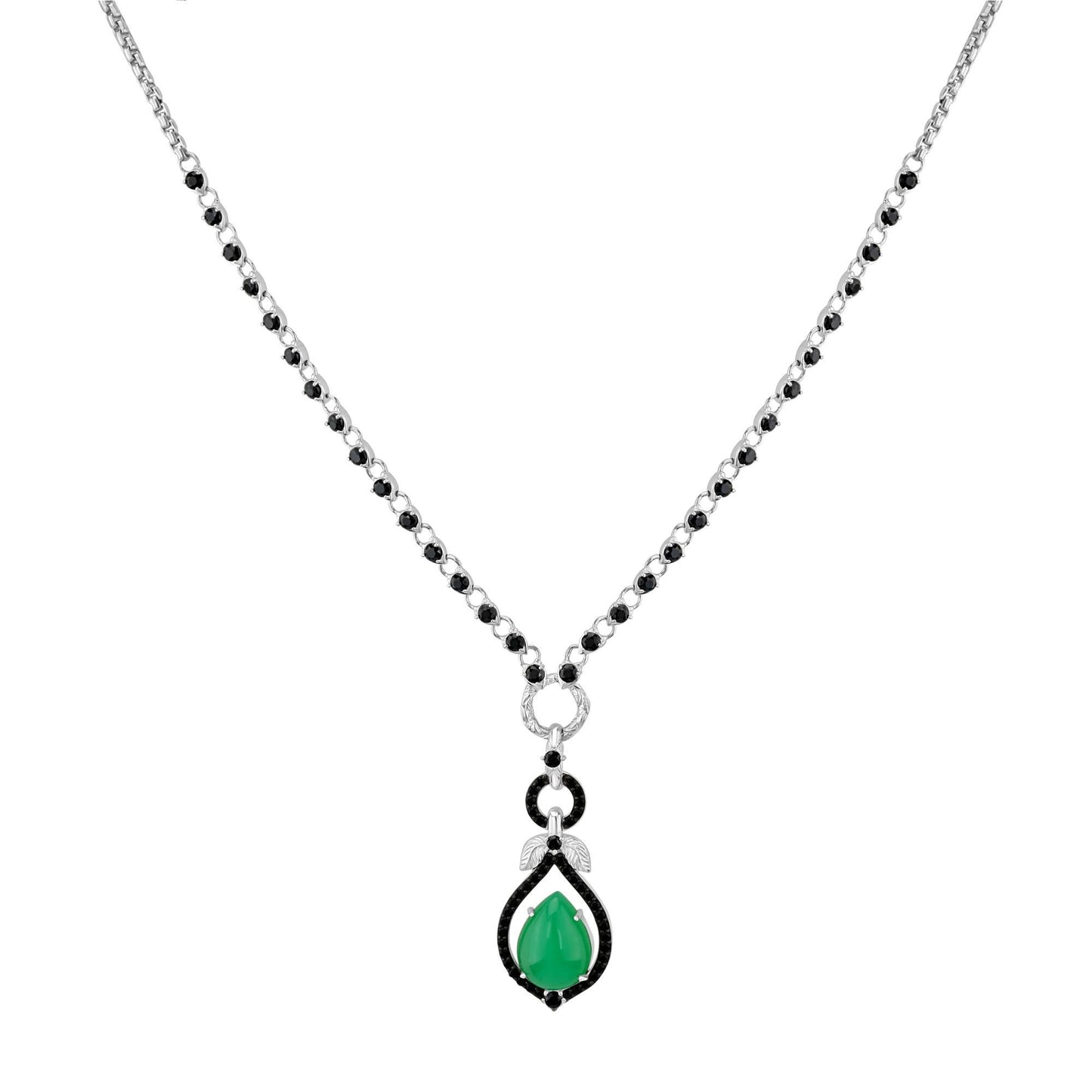 Gemistry Women Sterling Silver Chrysoprase and Black Spinel Drop Necklace, 28 inch | Birthstone Jewelry Gift for Her Birthday | Wedding | Anniversary