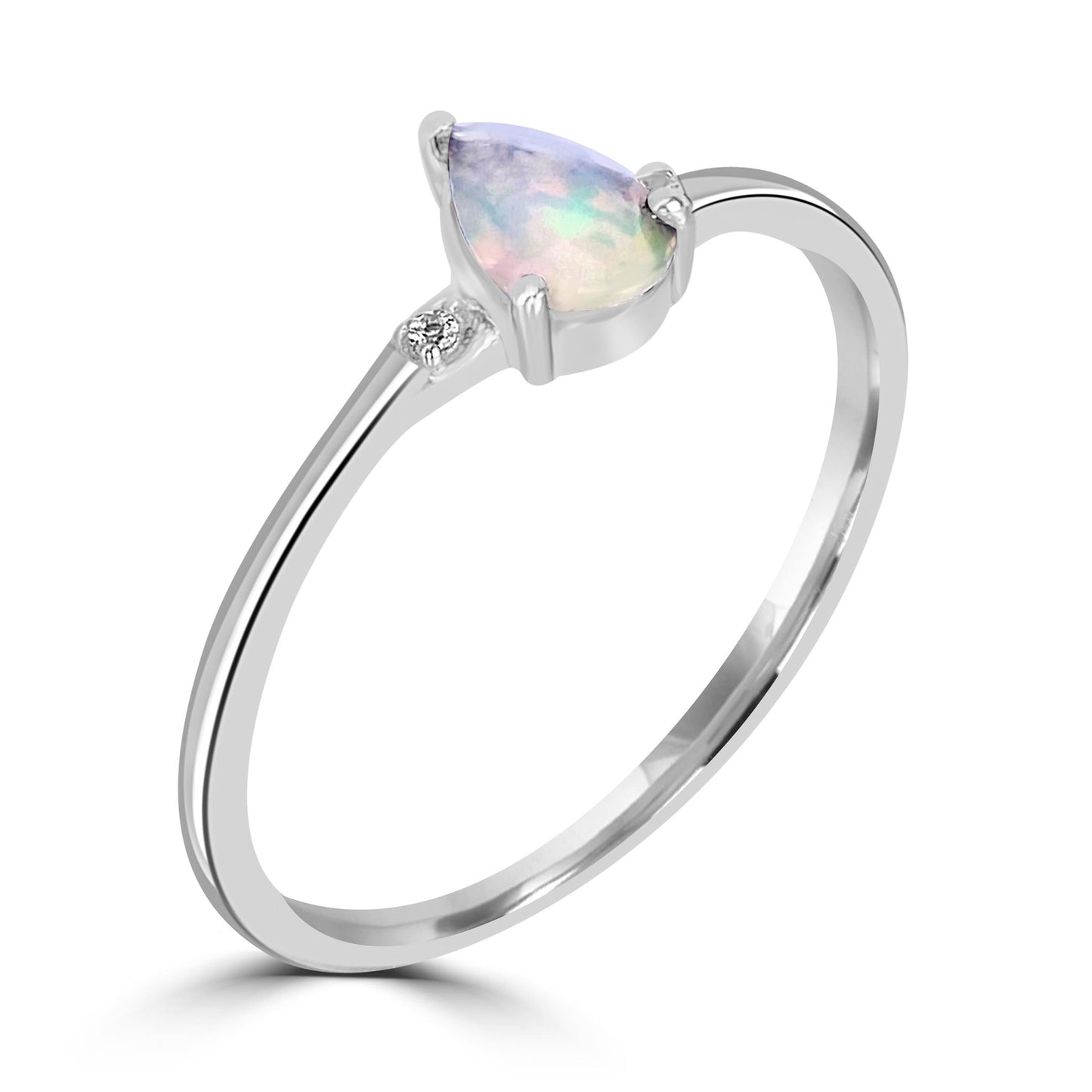 Dew Sterling Silver Ethiopian Opal and White Topaz Gemstone Stackable Pear Ring, Sizes 6 to 8