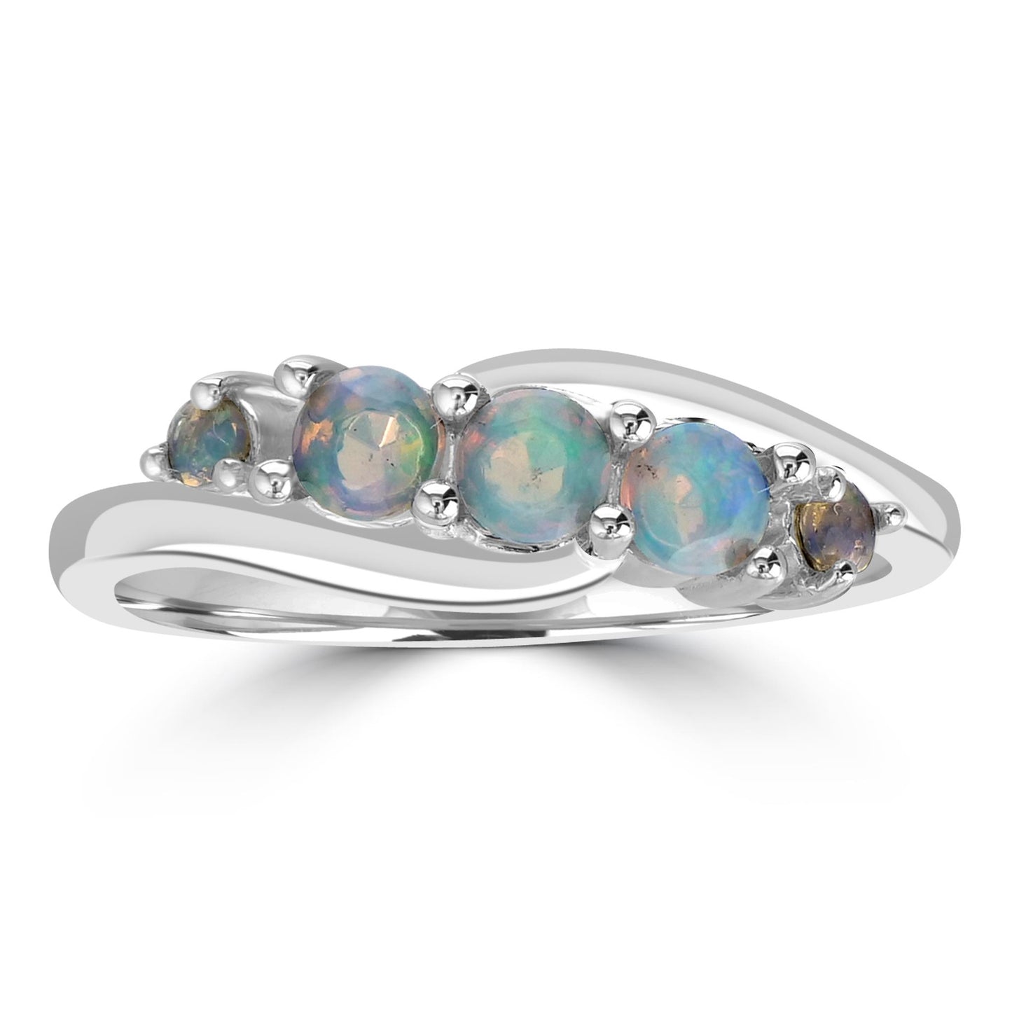 Angela Sterling Silver Ethiopian Opal 5-Stone Wave Ring, Sizes 6 to 8