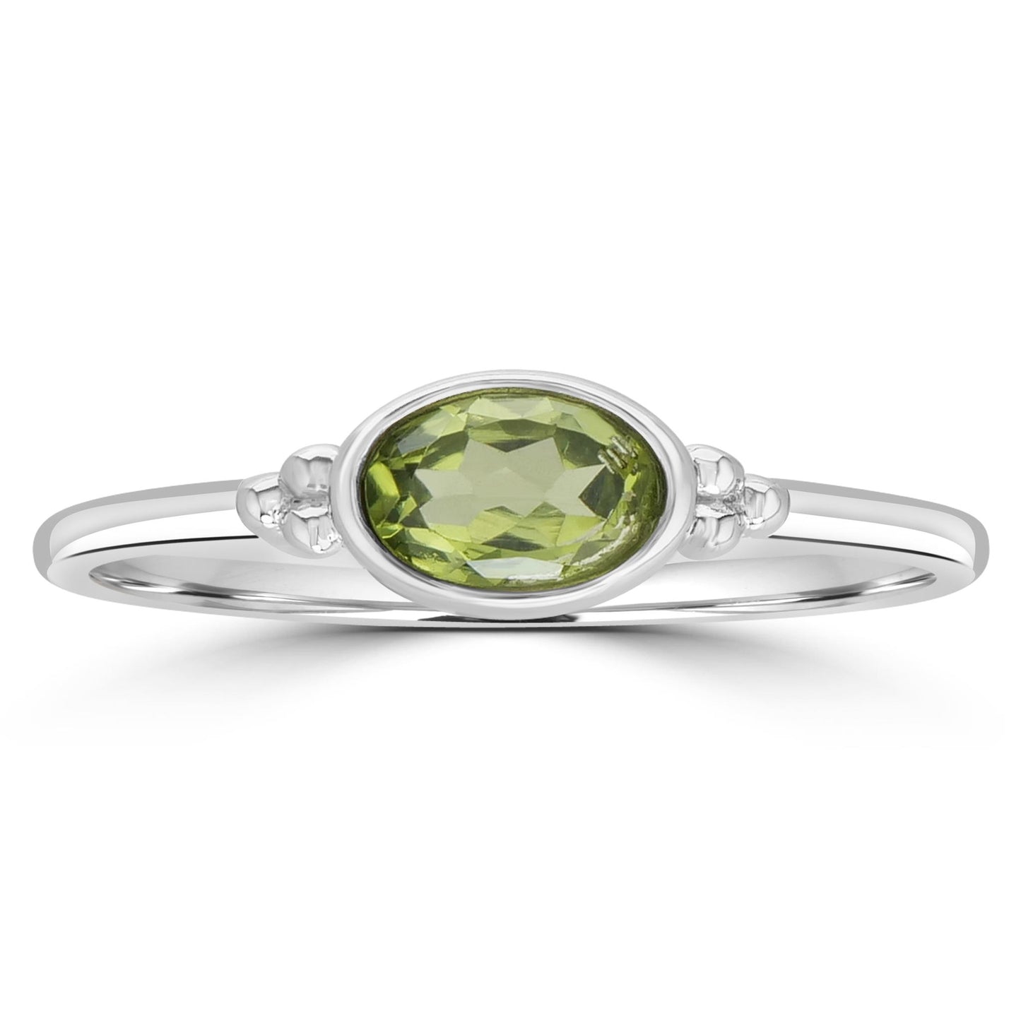 East-West Sterling Silver Peridot Gemstone Stackable Solitaire Bezel Ring, Sizes 6 to 8