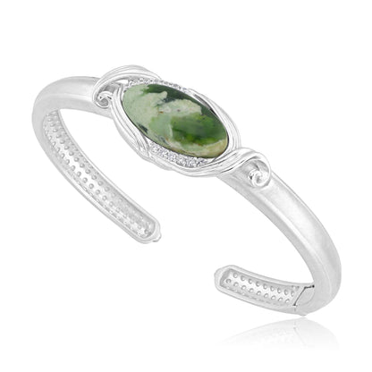 Gemistry Sterling Silver Oval Chrome Chalcedony and White Natural Zircon Cuff Bangle Bracelet