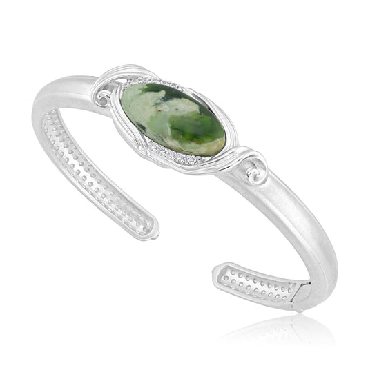 Sterling Silver Oval Chrome Chalcedony and White Natural Zircon Cuff Bangle Bracelet